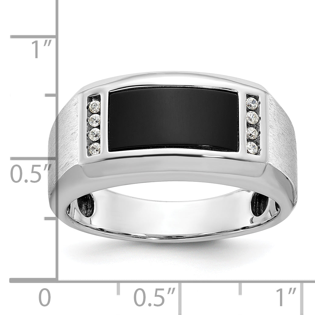 14k White Gold Mens Satin Rectangle Onyx and 1/15 carat Diamond Complete Ring - Sophia Jewelers