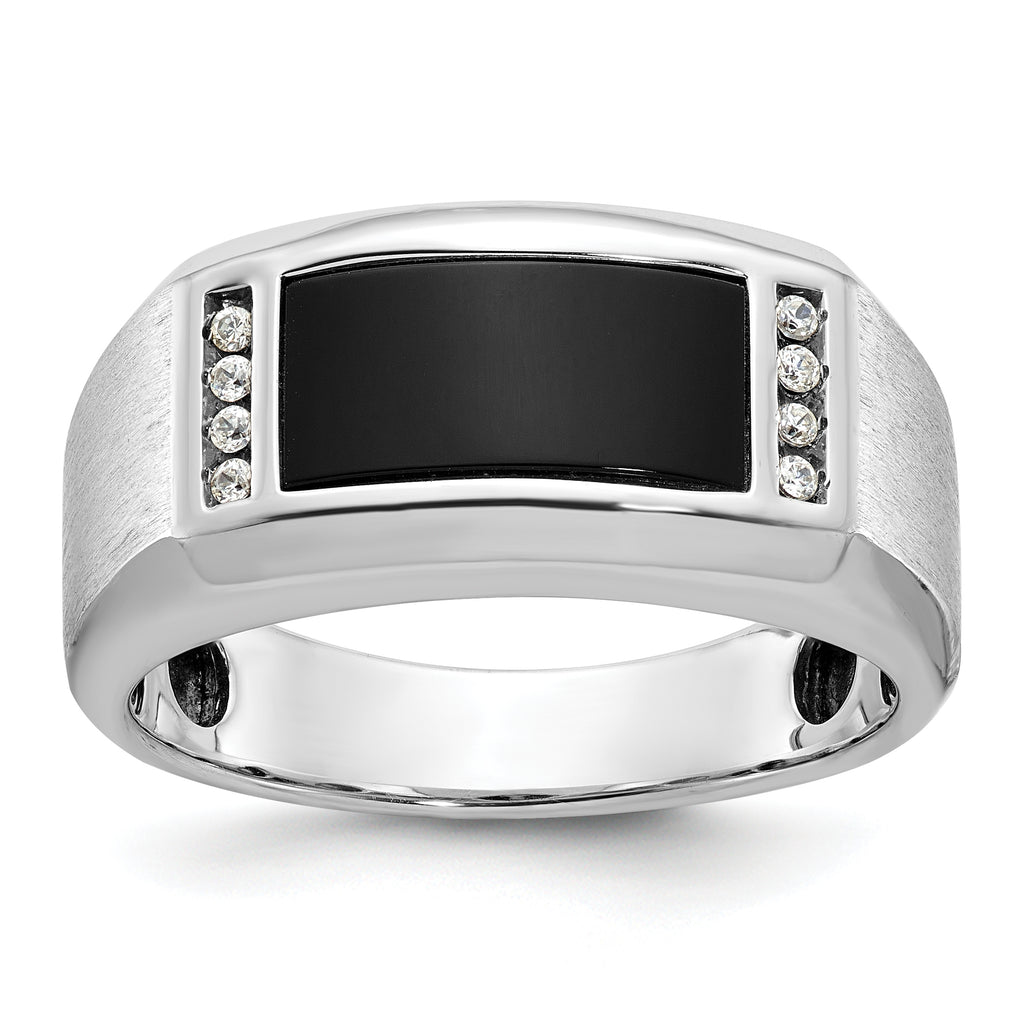 14k White Gold Mens Satin Rectangle Onyx and 1/15 carat Diamond Complete Ring - Sophia Jewelers
