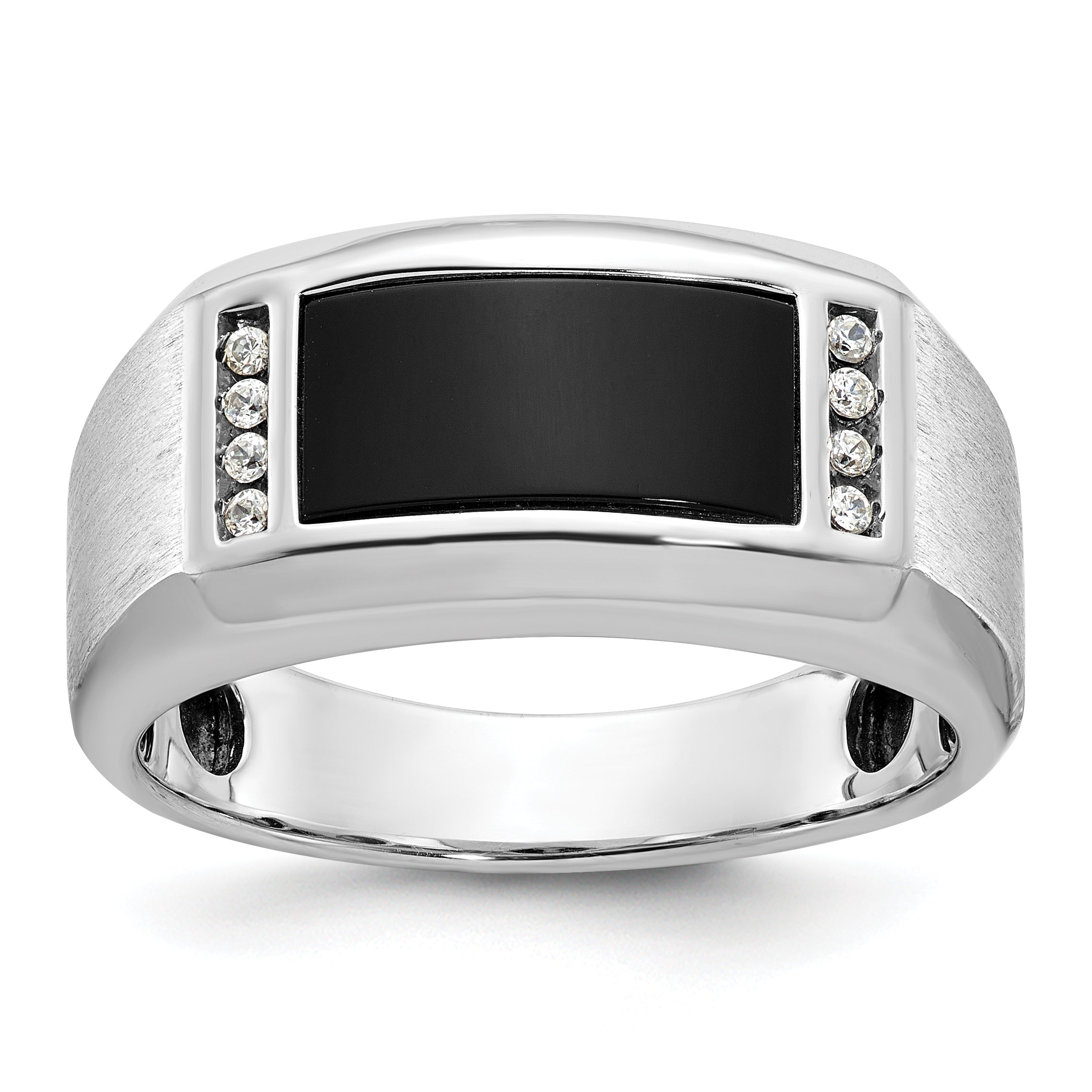 14k White Gold Mens Satin Rectangle Onyx and 1/15 carat Diamond Complete Ring - Sophia Jewelers