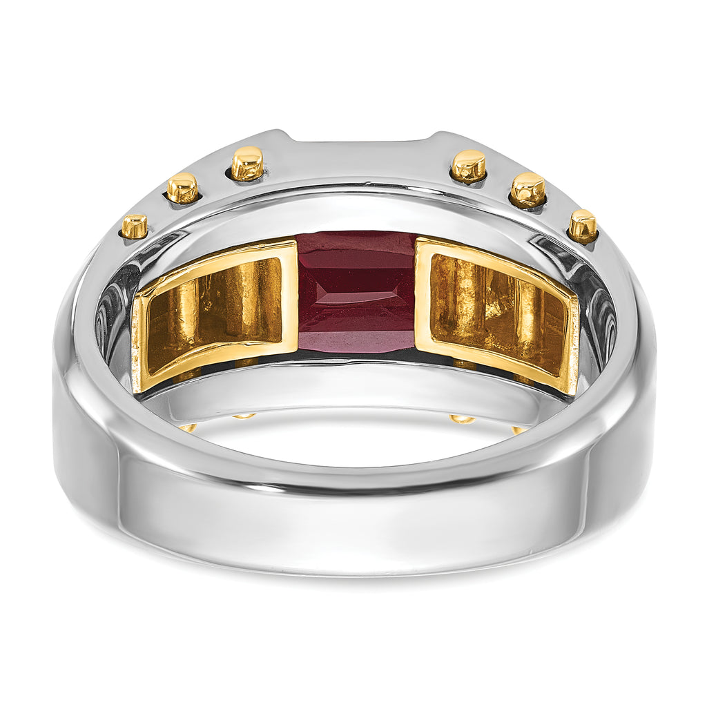 14k Two-tone Mens Barrel Lab Created Garnet Complete Ring - Sophia Jewelers
