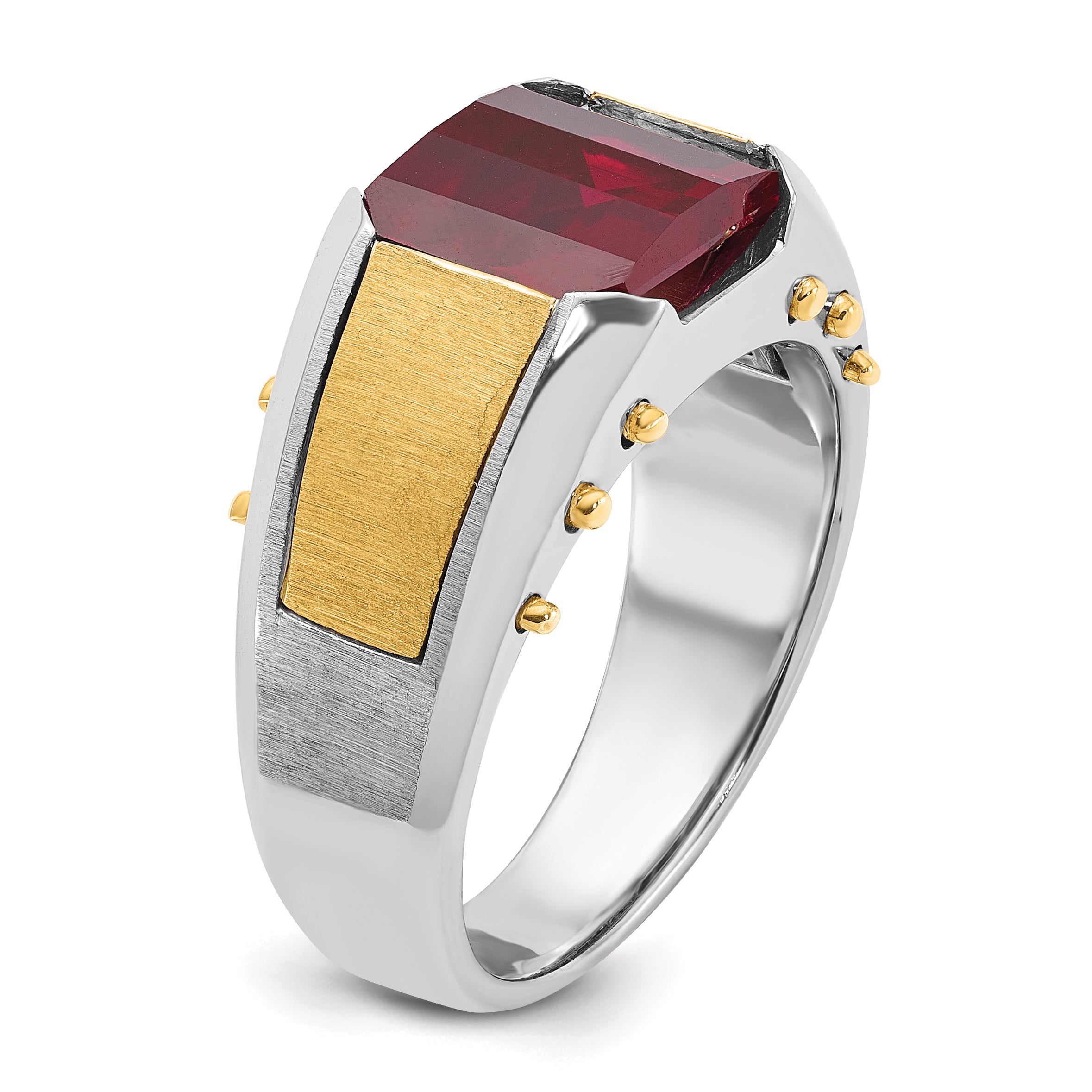 14k Two-tone Mens Barrel Lab Created Garnet Complete Ring - Sophia Jewelers