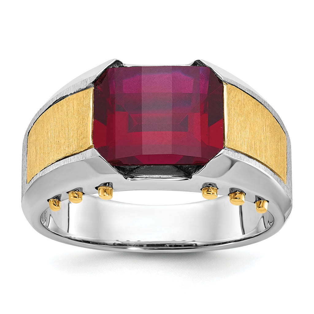 14k Two-tone Mens Barrel Lab Created Garnet Complete Ring - Sophia Jewelers