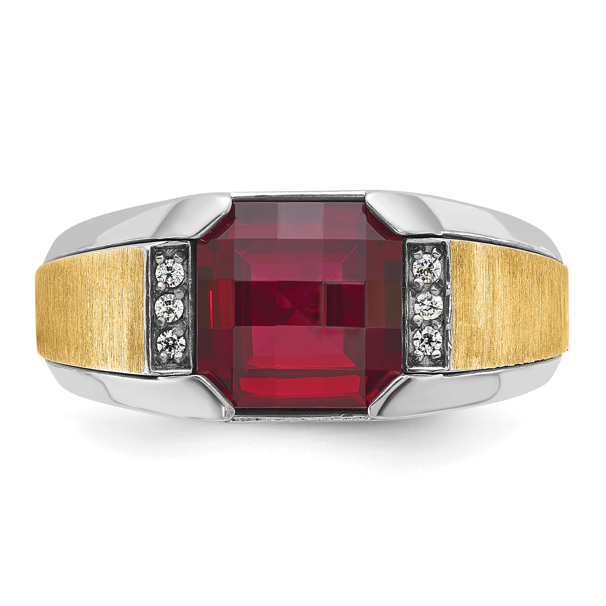 14k Two-tone Men's Polished and Satin Lab Created Garnet and AA Quality Diamond Ring Secondary image