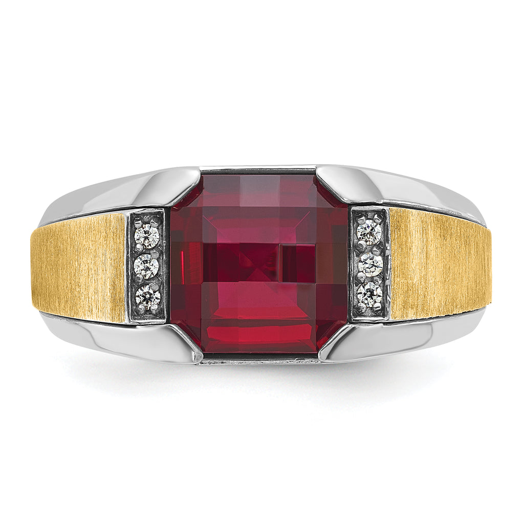 14k Two-tone Men's Polished and Satin Lab Created Garnet and AA Quality Diamond Ring - Sophia Jewelers