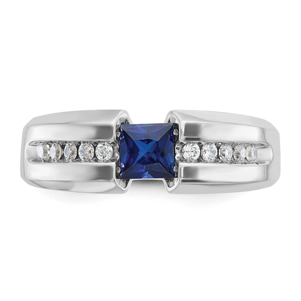 14k White Gold Mens Polished Square Lab Created Sapphire and 1/5 Carat AA Quality Diamond Ring - Sophia Jewelers