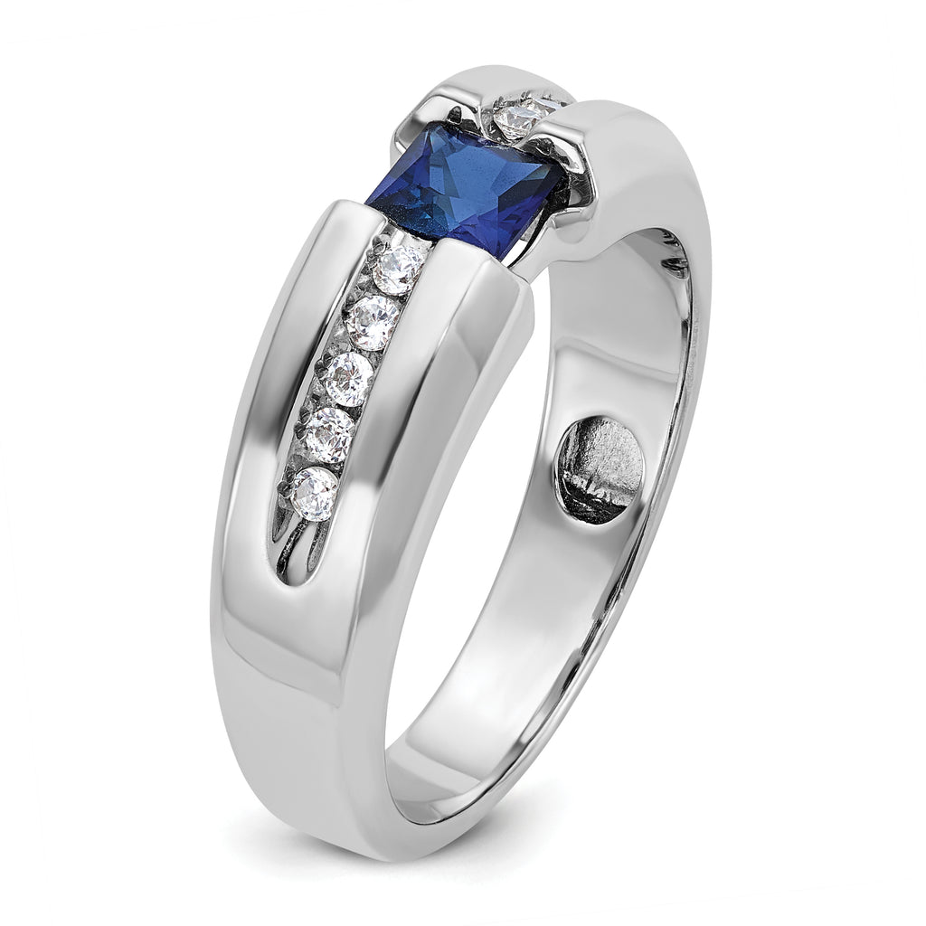 14k White Gold Mens Polished Square Lab Created Sapphire and 1/5 Carat AA Quality Diamond Ring - Sophia Jewelers