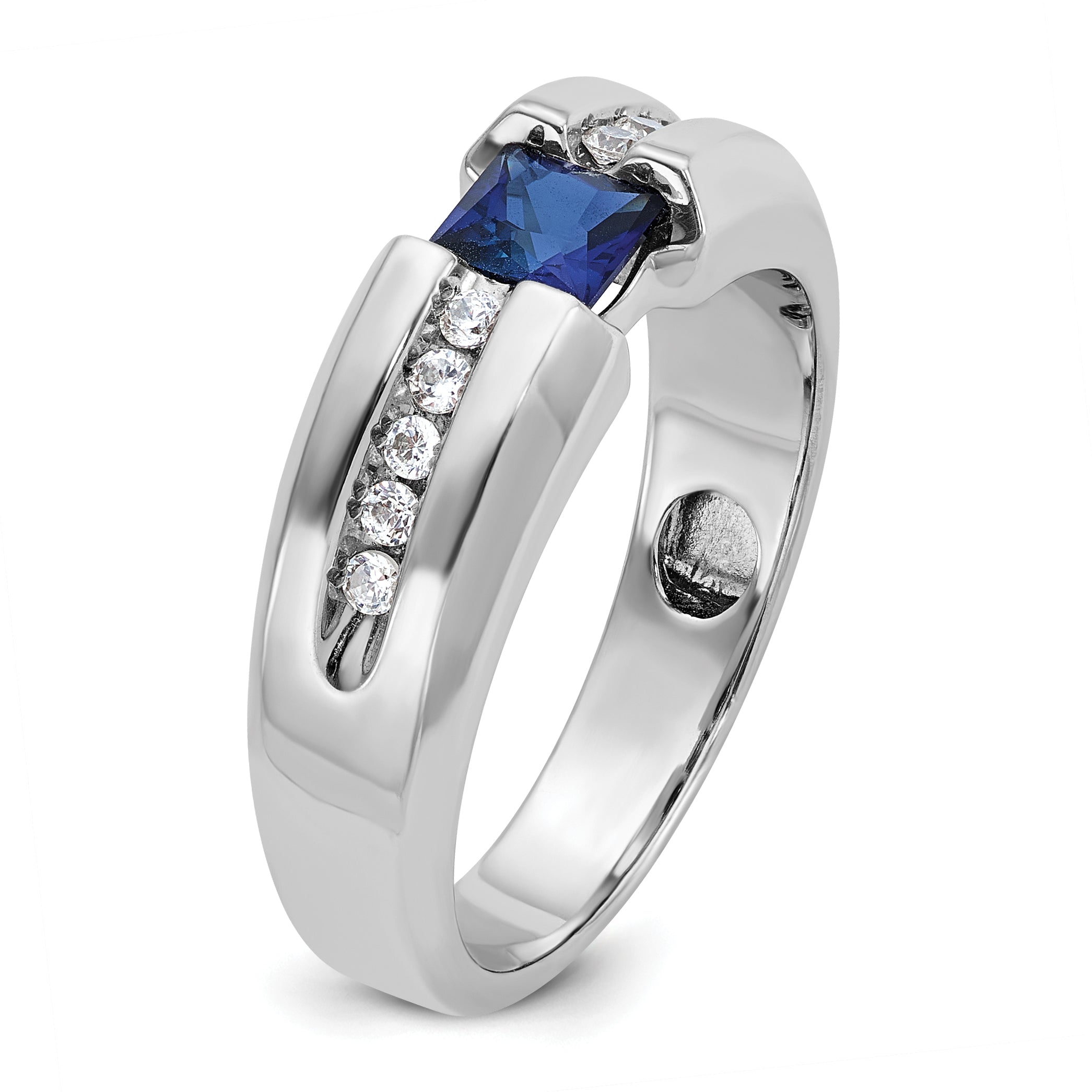 14k White Gold Mens Polished Square Lab Created Sapphire and 1/5 Carat AA Quality Diamond Ring - Sophia Jewelers