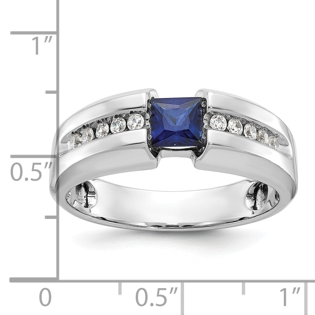 14k White Gold Mens Polished Square Lab Created Sapphire and 1/5 Carat AA Quality Diamond Ring - Sophia Jewelers