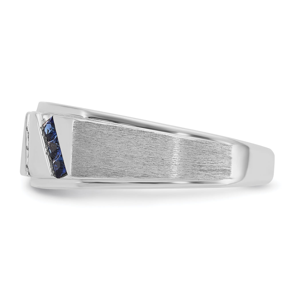 14k White Gold Satin Lab Created Sapphire and 1/10 carat Diamond Complete Mens Ring - Sophia Jewelers