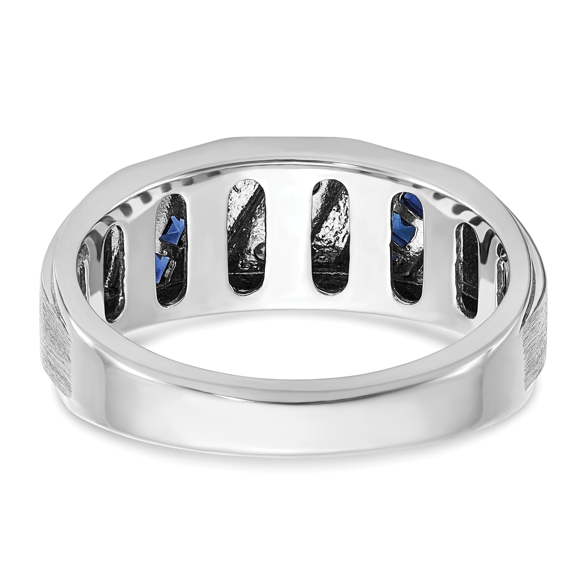 14k White Gold Satin Lab Created Sapphire and 1/10 carat Diamond Complete Mens Ring - Sophia Jewelers