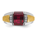 14k Two-tone Mens Satin Barrel Lab Created Ruby and 1/20 carat Diamond Complete Ring - Sophia Jewelers