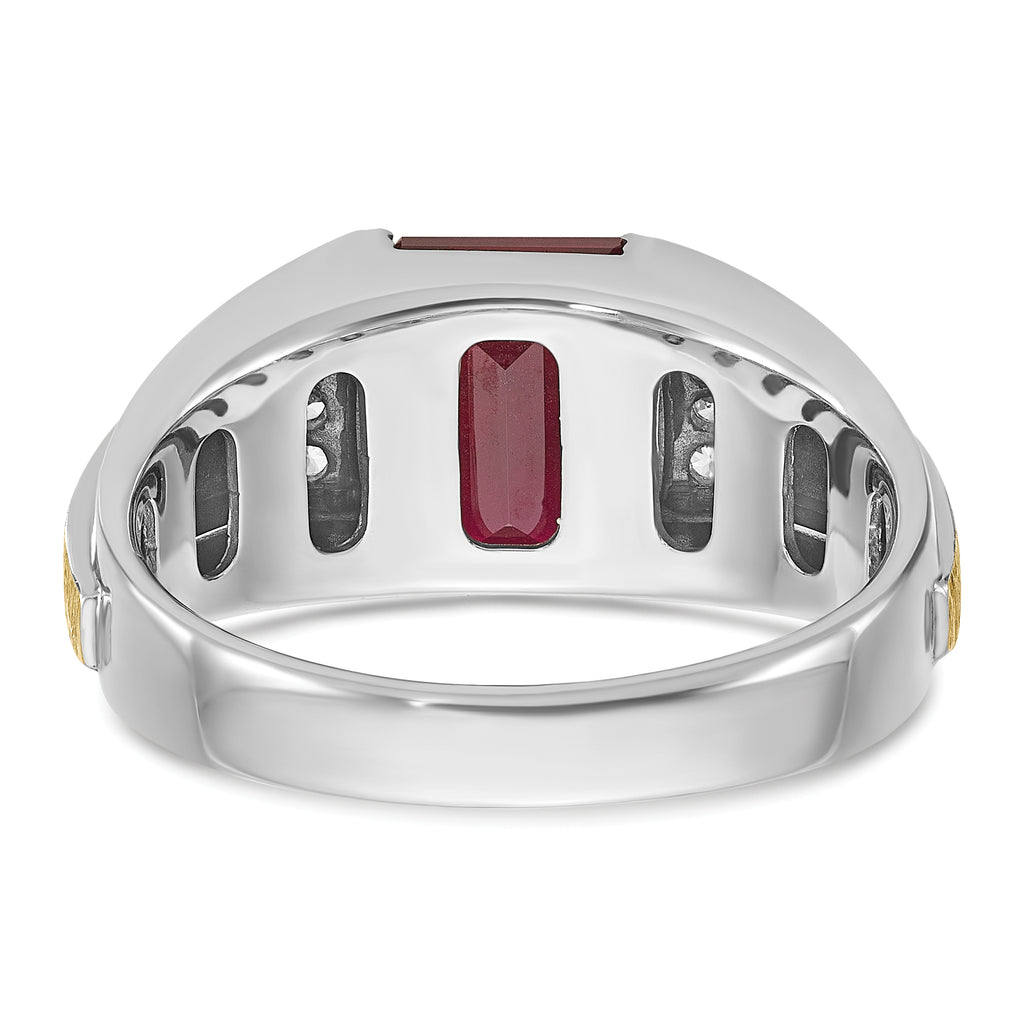 14k Two-tone Mens Satin Barrel Lab Created Ruby and 1/20 carat Diamond Complete Ring - Sophia Jewelers
