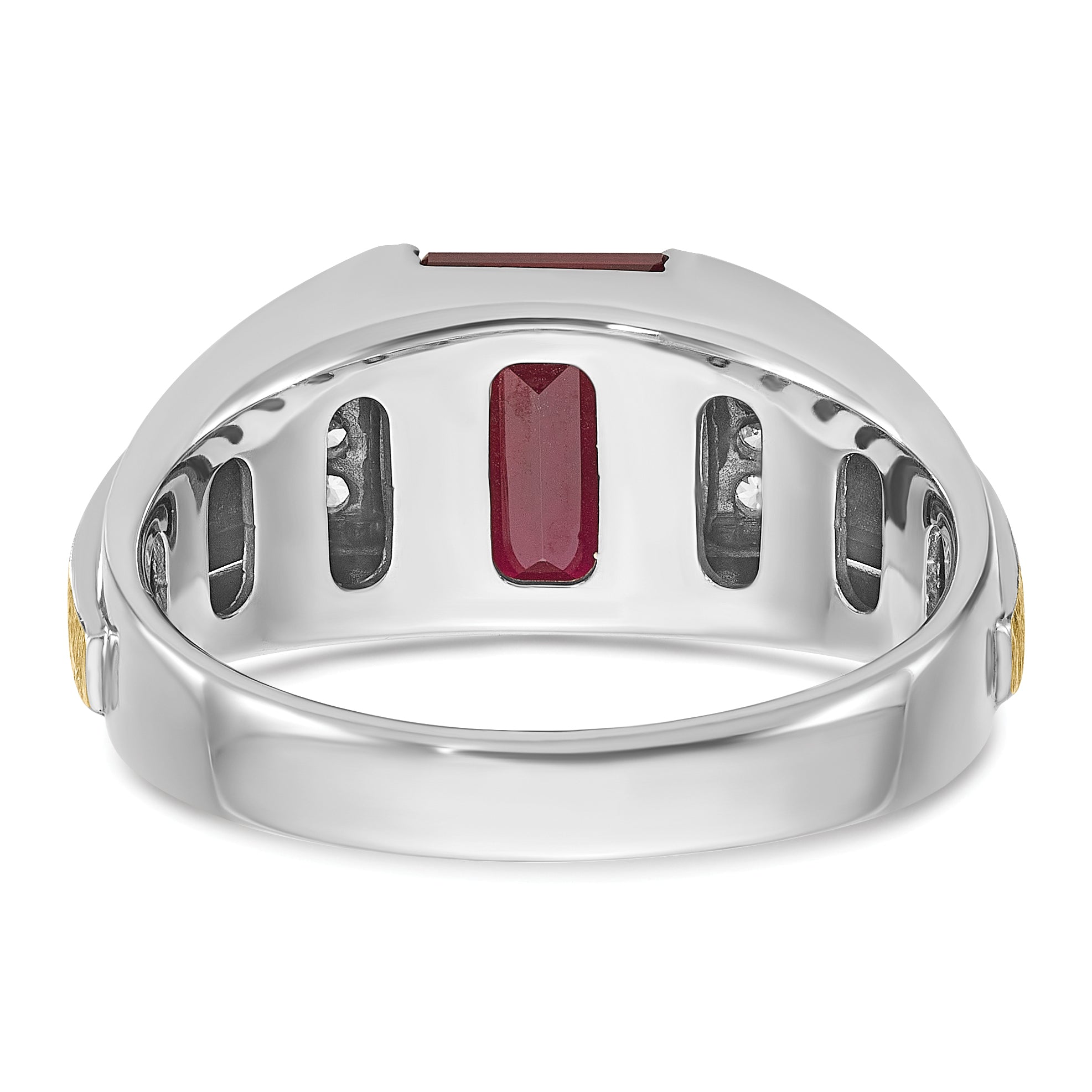 14k Two-tone Mens Satin Barrel Lab Created Ruby and 1/20 carat Diamond Complete Ring - Sophia Jewelers