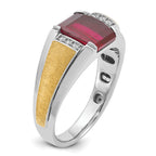 14k Two-tone Mens Satin Barrel Lab Created Ruby and 1/20 carat Diamond Complete Ring - Sophia Jewelers