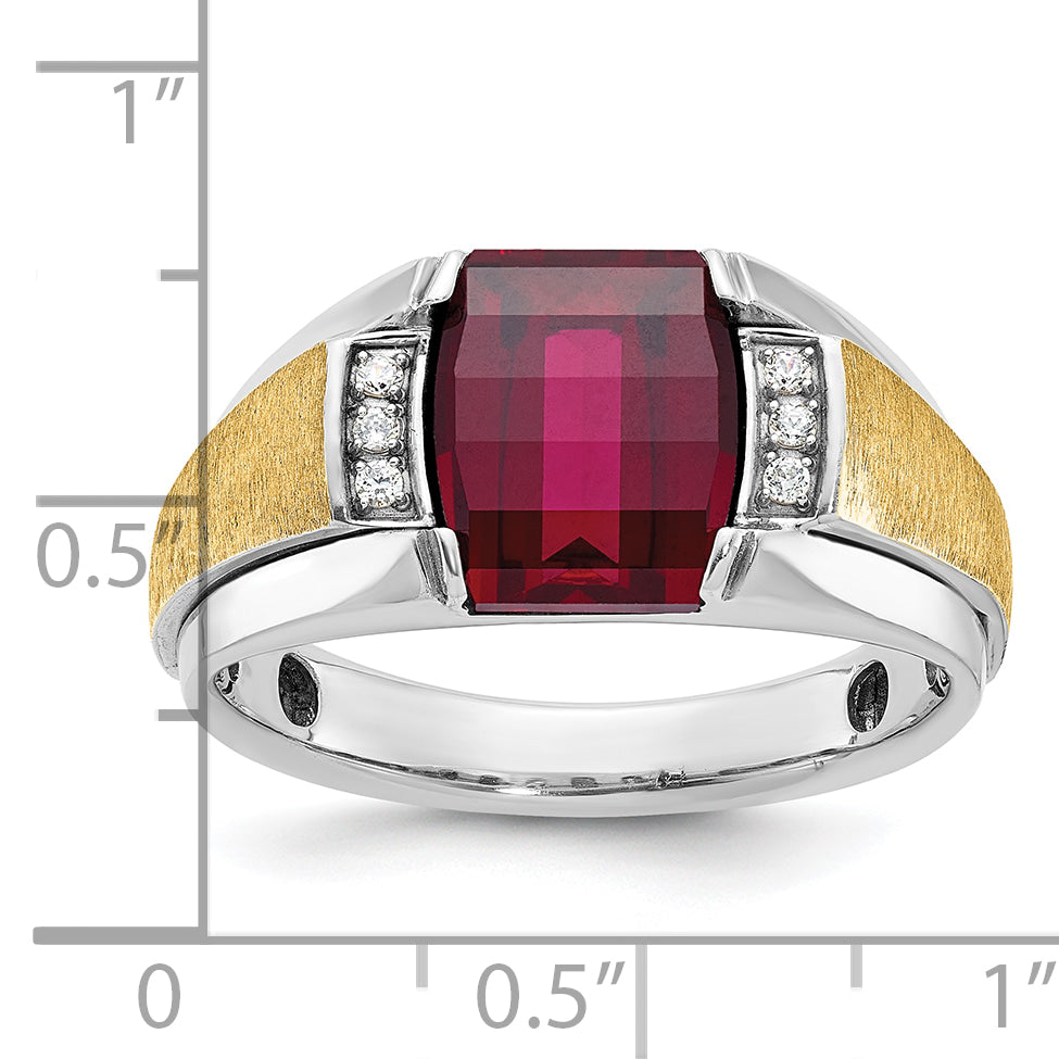 14k Two-tone Mens Satin Barrel Lab Created Ruby and 1/20 carat Diamond Complete Ring Secondary image