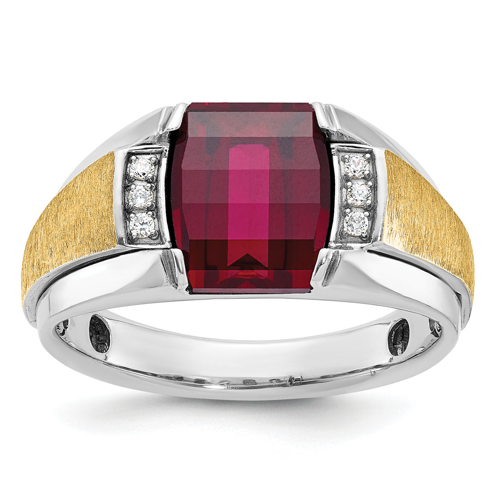 14k Two-tone Mens Satin Barrel Lab Created Ruby and 1/20 carat Diamond Complete Ring - Sophia Jewelers