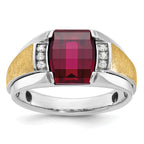 14k Two-tone Mens Satin Barrel Lab Created Ruby and 1/20 carat Diamond Complete Ring - Sophia Jewelers