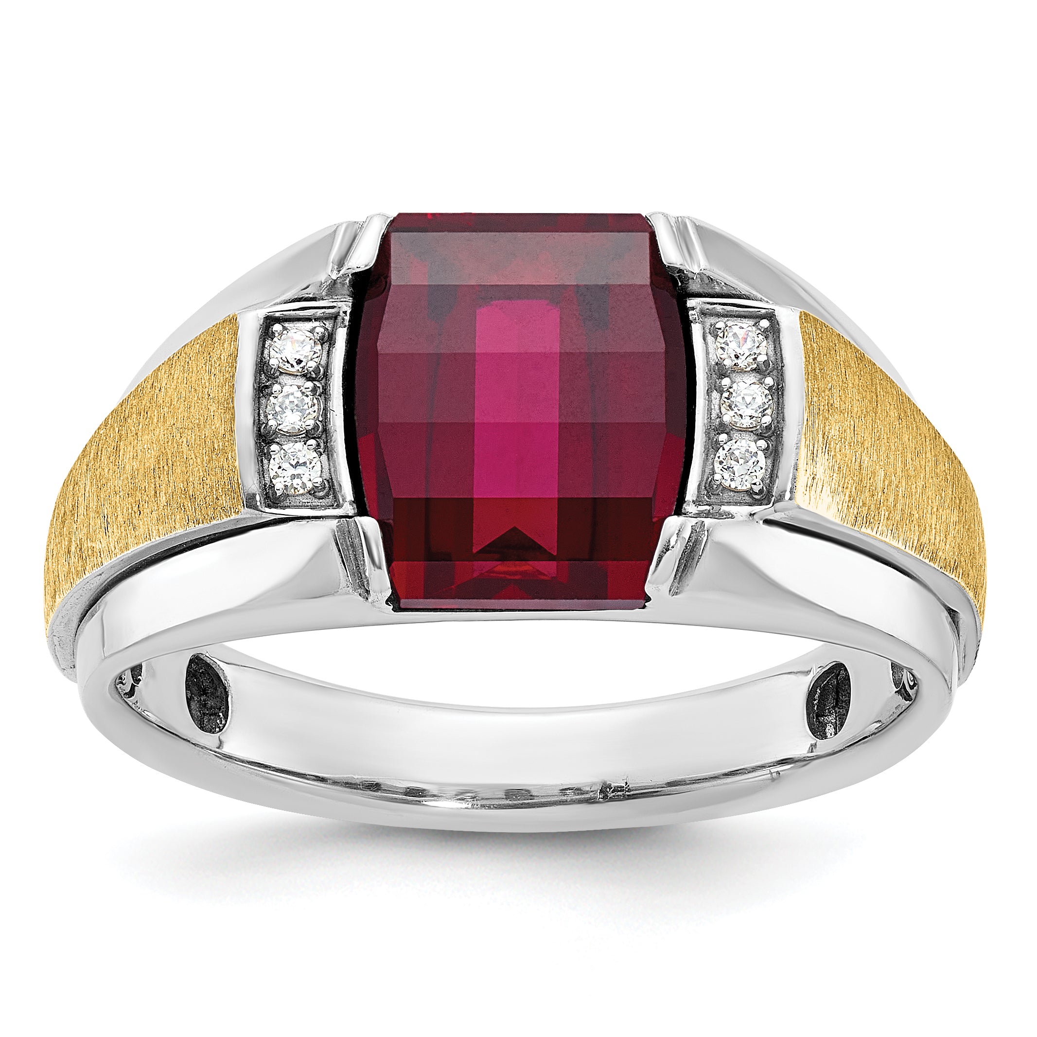 14k Two-tone Mens Satin Barrel Lab Created Ruby and 1/20 carat Diamond Complete Ring - Sophia Jewelers