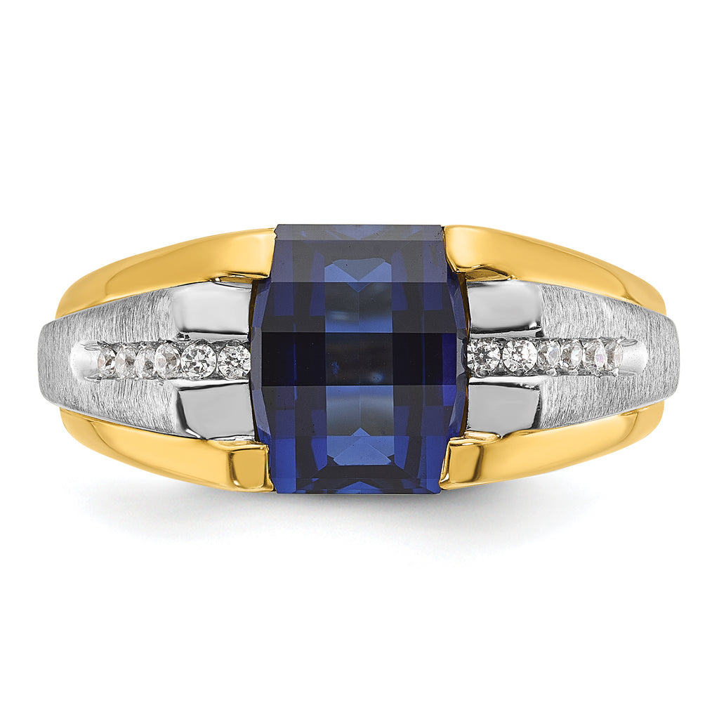 14k Two-tone Mens Barrel Lab Created Sapphire and 1/8 carat Diamond Complete Ring - Sophia Jewelers
