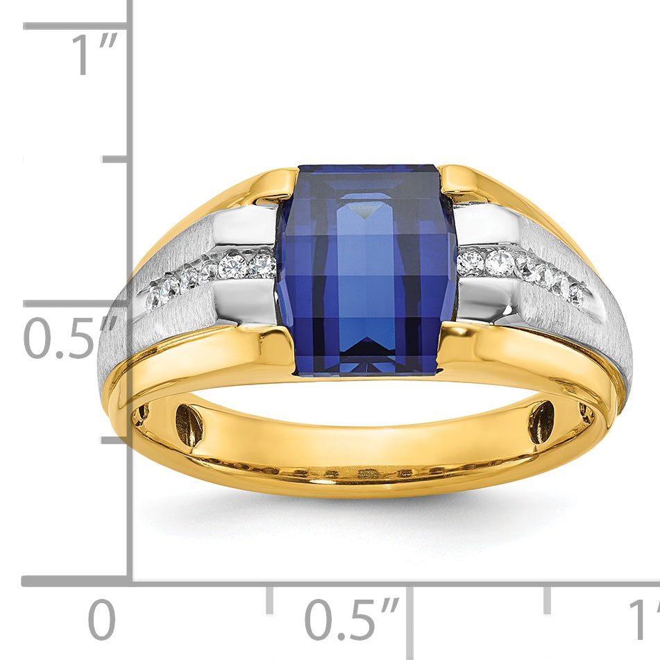 14k Two-tone Mens Barrel Lab Created Sapphire and 1/8 carat Diamond Complete Ring - Sophia Jewelers Main image