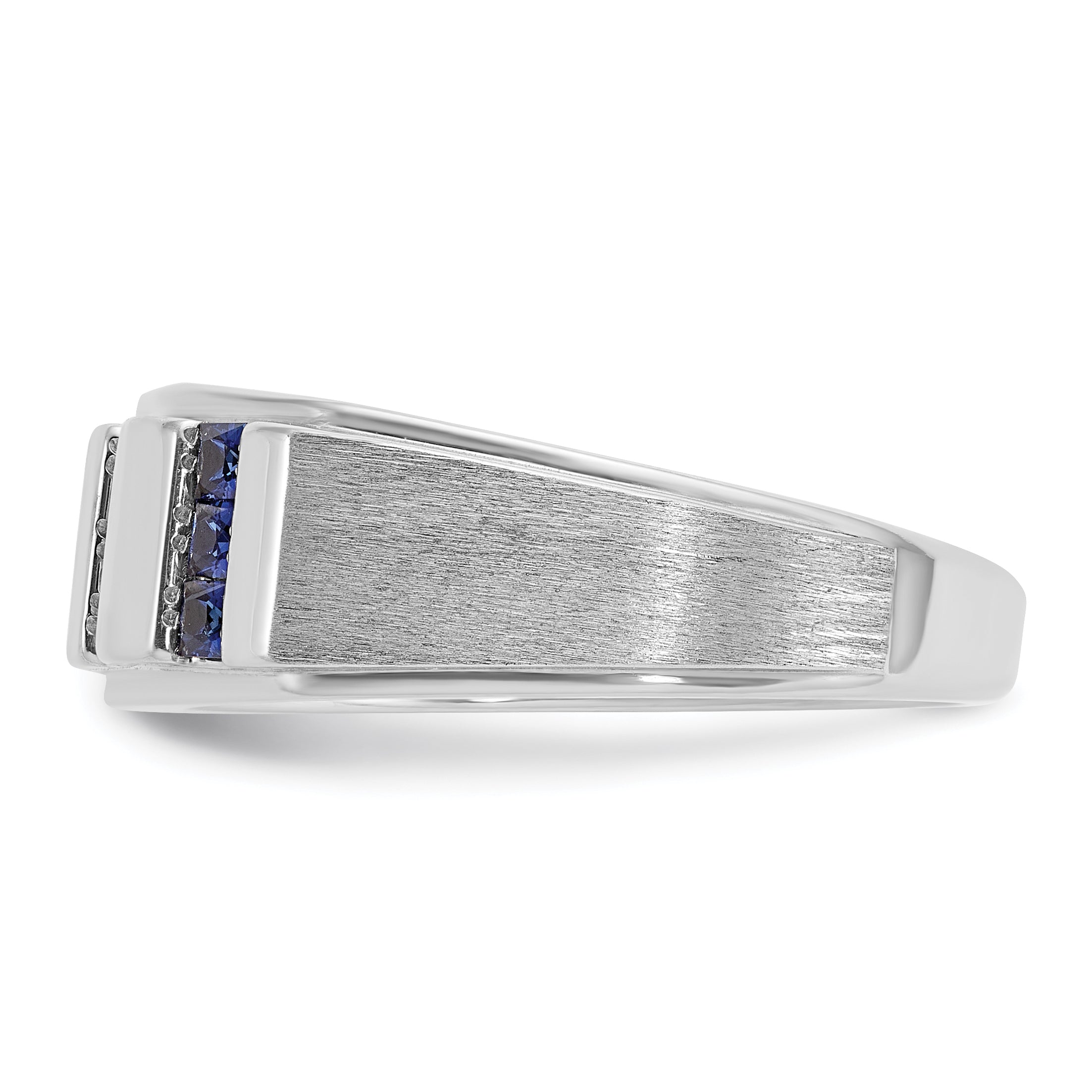 14k White Gold Men's Polished and Satin 3-Row Lab Created Sapphire and 1/10 Carat AA Quality Diamond - Sophia Jewelers