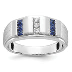 14k White Gold Men's Polished and Satin 3-Row Lab Created Sapphire and 1/10 Carat AA Quality Diamond - Sophia Jewelers
