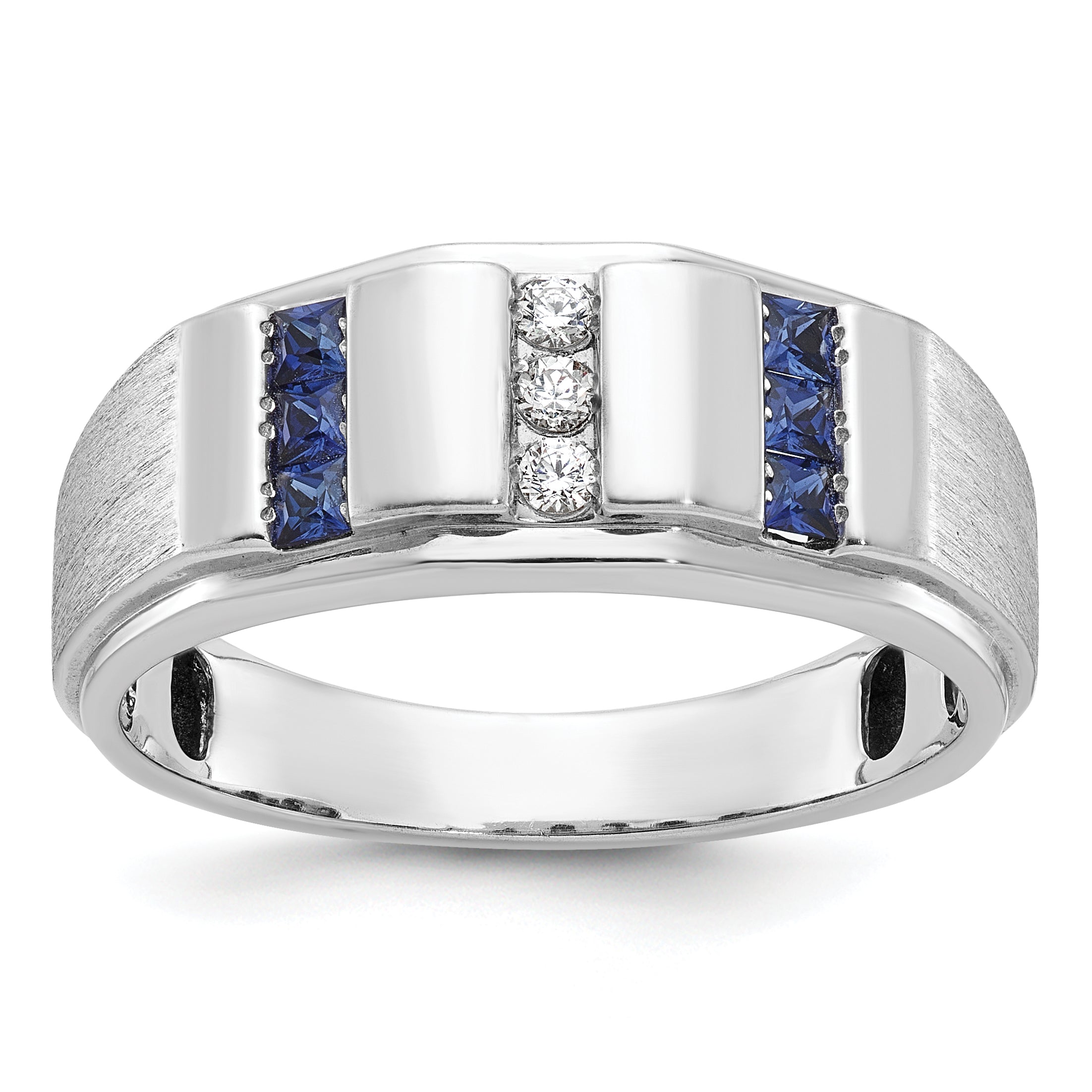 14k White Gold Men's Polished and Satin 3-Row Lab Created Sapphire and 1/10 Carat AA Quality Diamond - Sophia Jewelers
