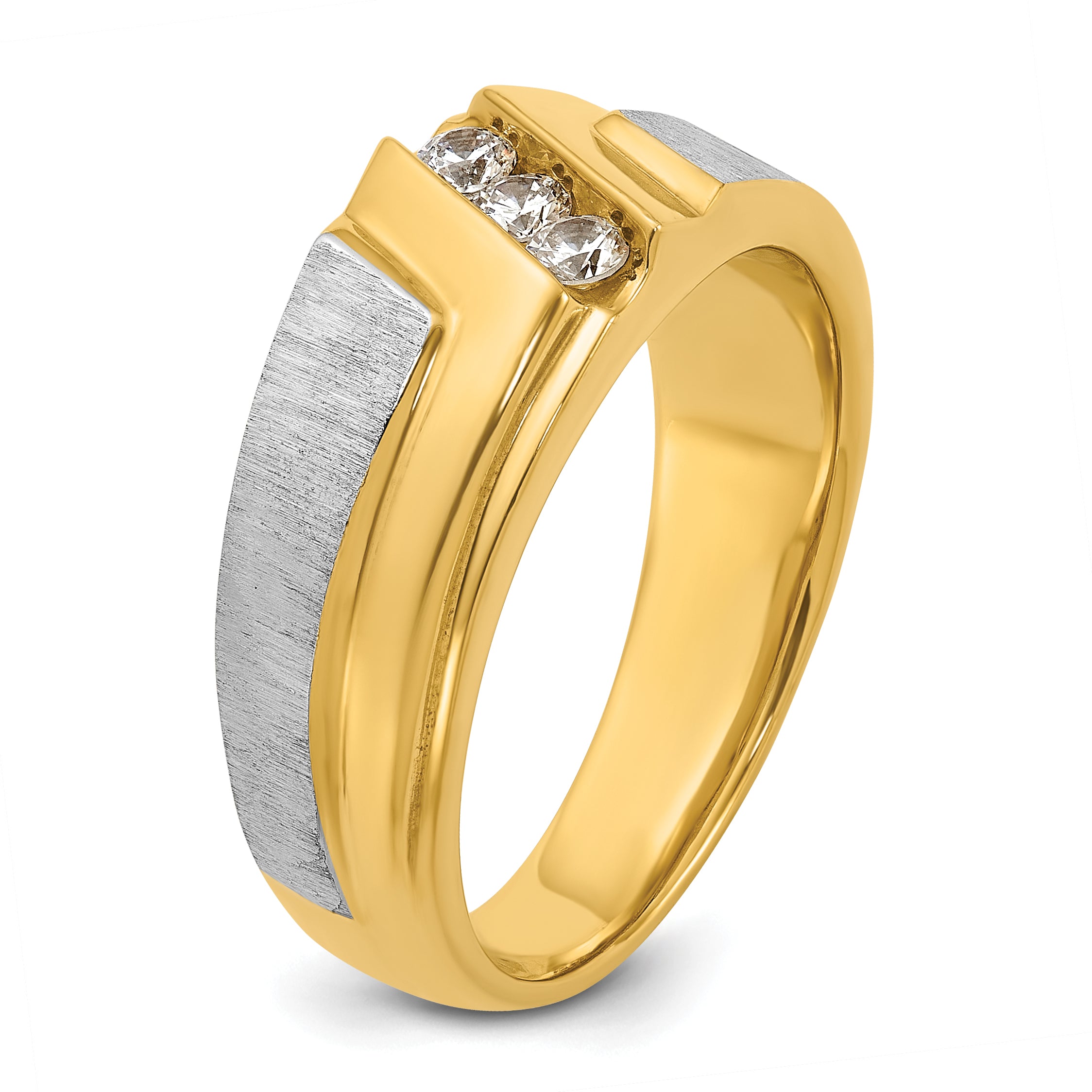 14k Two-tone Men's Polished Satin and Grooved 3-Stone 1/4 Carat AA Quality Diamond Ring - Sophia Jewelers