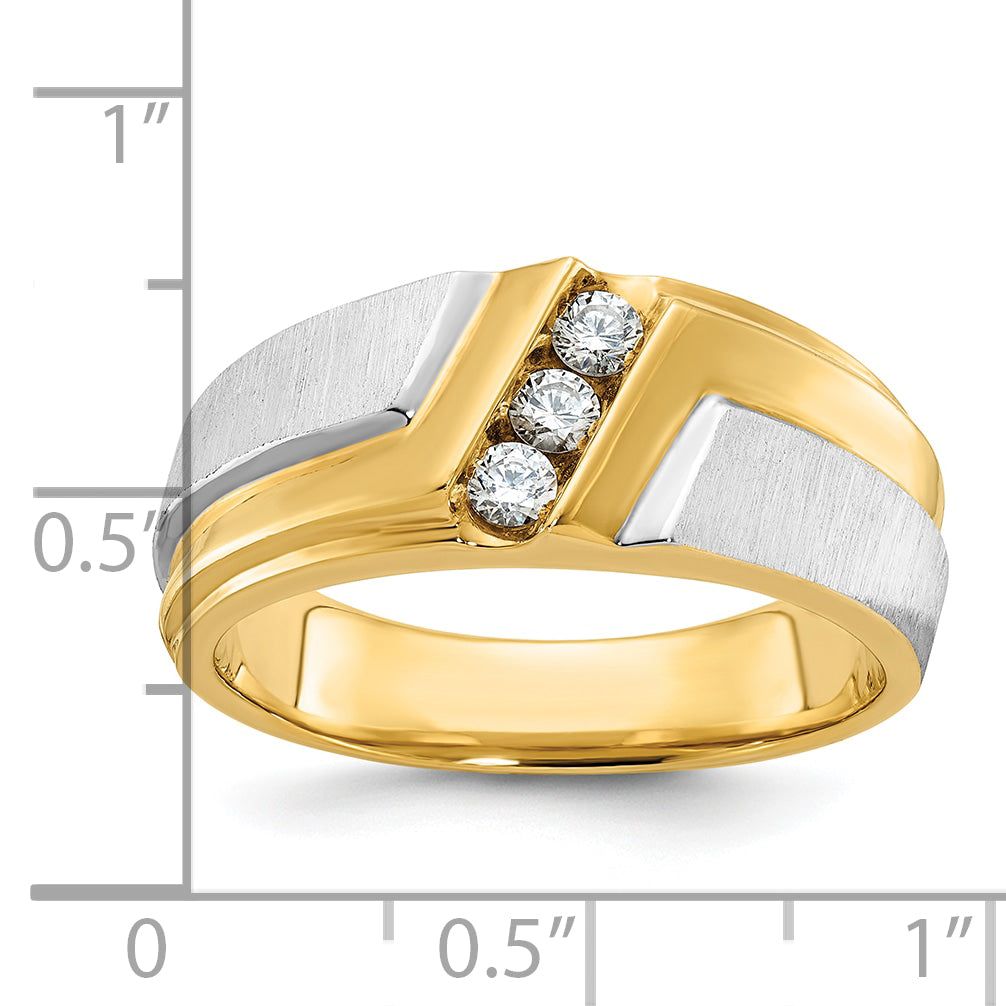 14k Two-tone Men's Polished Satin and Grooved 3-Stone 1/4 Carat AA Quality Diamond Ring - Sophia Jewelers