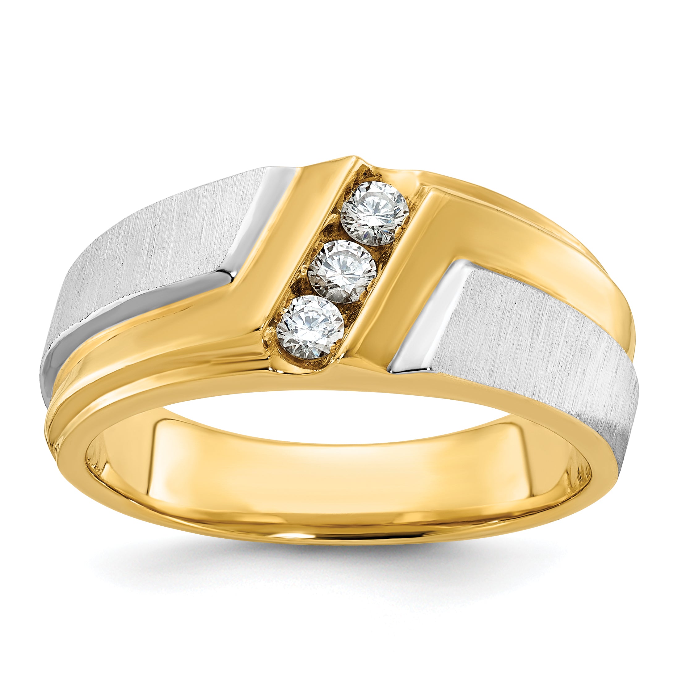 14k Two-tone Men's Polished Satin and Grooved 3-Stone 1/4 Carat AA Quality Diamond Ring - Sophia Jewelers