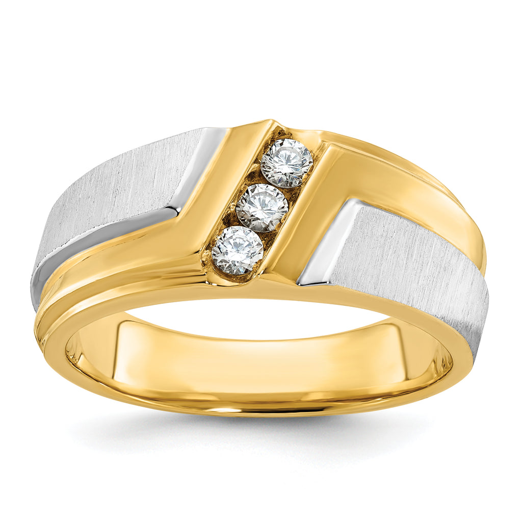 14k Two-tone Men's Polished Satin and Grooved 3-Stone Ring Mounting, Mounting Only - Sophia Jewelers