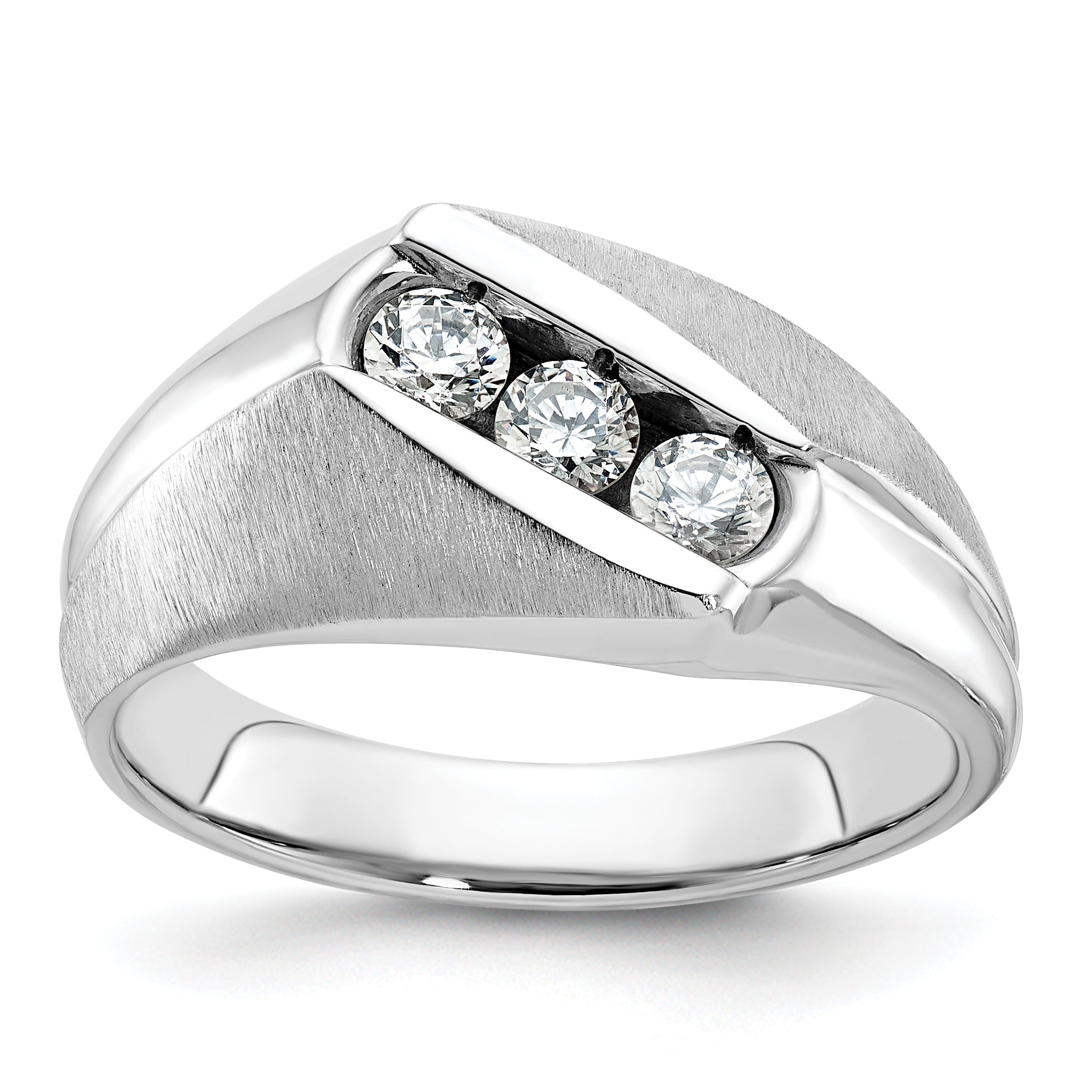 14k White Gold Mens Polished and Satin 3-Stone Ring Mounting, Mounting Only - Sophia Jewelers