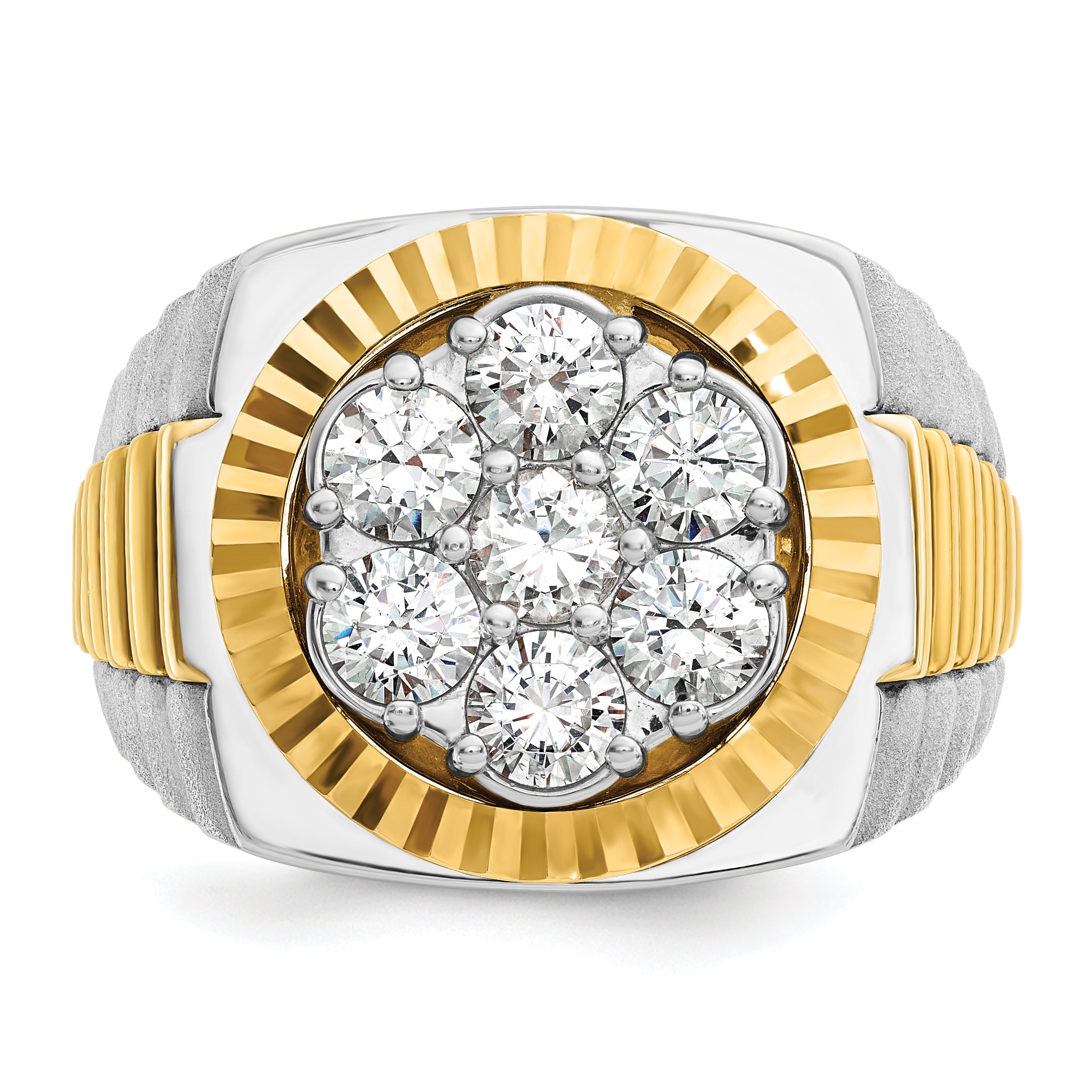 14k Two-tone Mens Polished Satin and Diamond-cut Round Cluster Ring Mounting, Mounting Only - Sophia Jewelers