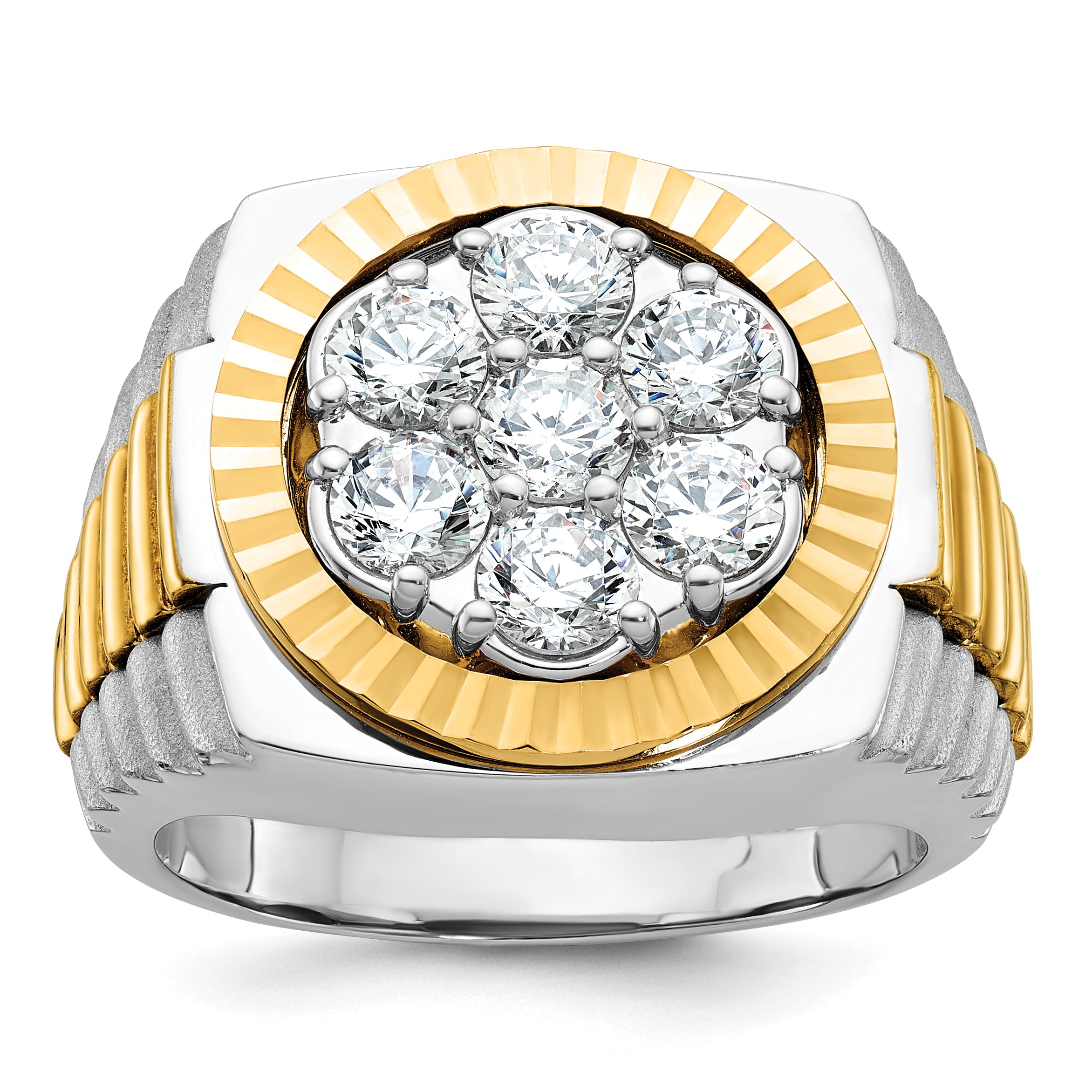 14k Two-tone Men's Polished Satin and Diamond-cut Round 2 Carat AA Quality Diamond Cluster Ring - Sophia Jewelers