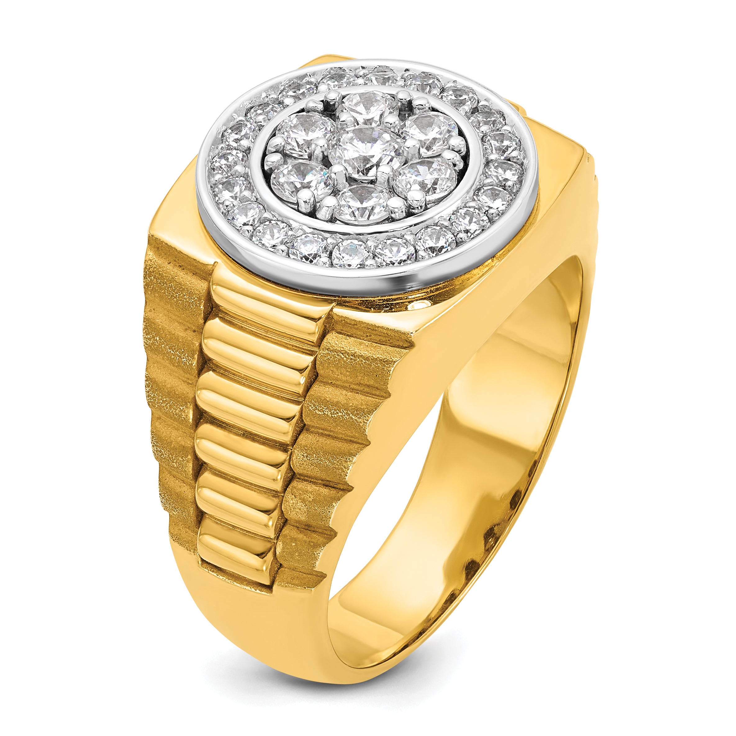 14k Two-tone Mens Polished Satin and Textured 1 Carat AA Diamond Cluster Halo Ring - Sophia Jewelers