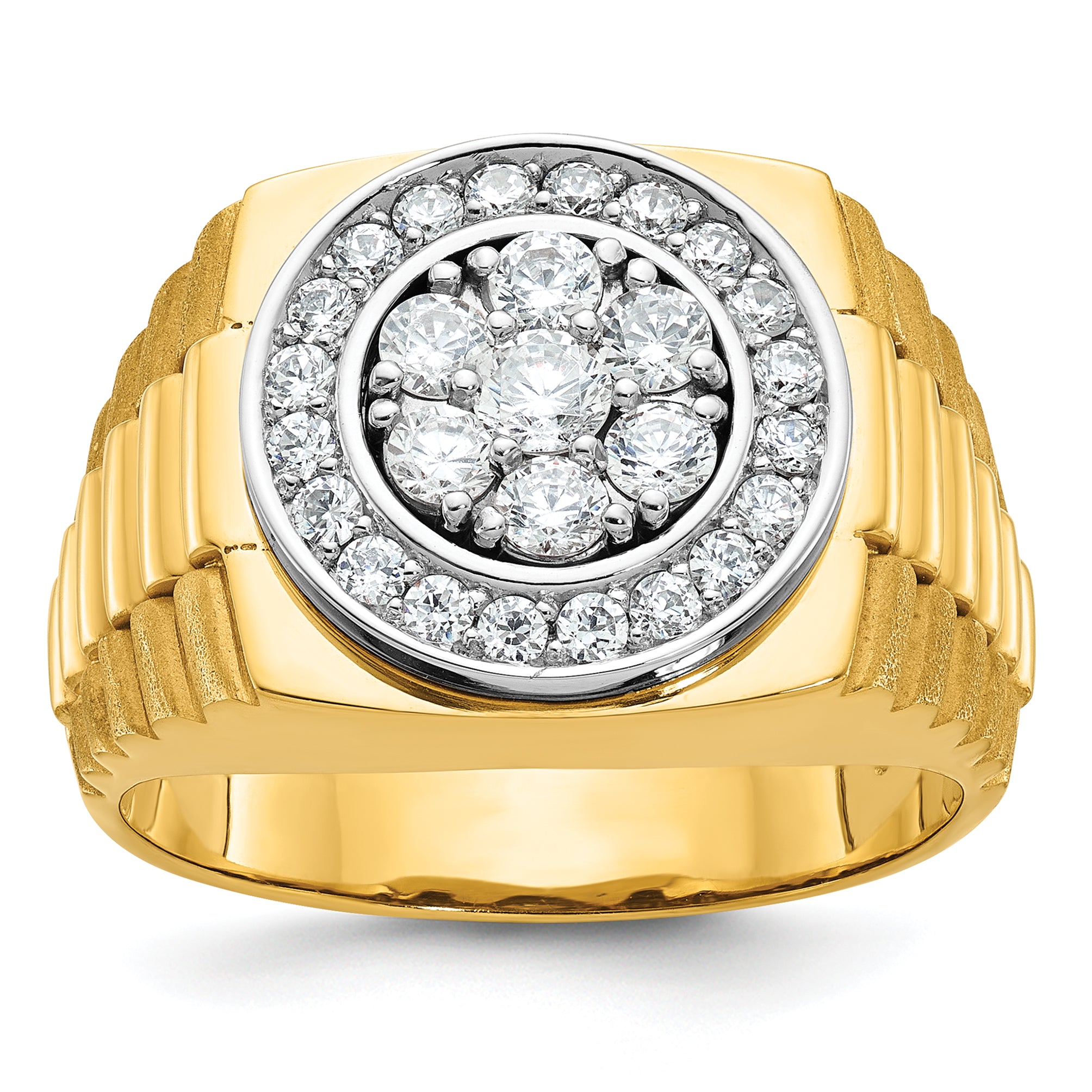14k Two-tone Mens Polished Satin and Textured Cluster Halo Ring Mounting, Mounting Only - Sophia Jewelers