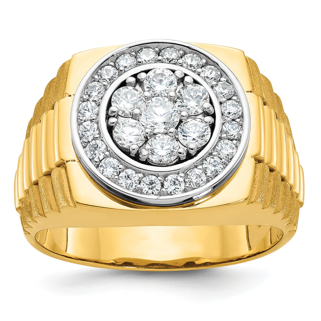 14k Two-tone Mens Polished Satin and Textured 1 Carat AA Diamond Cluster Halo Ring - Sophia Jewelers