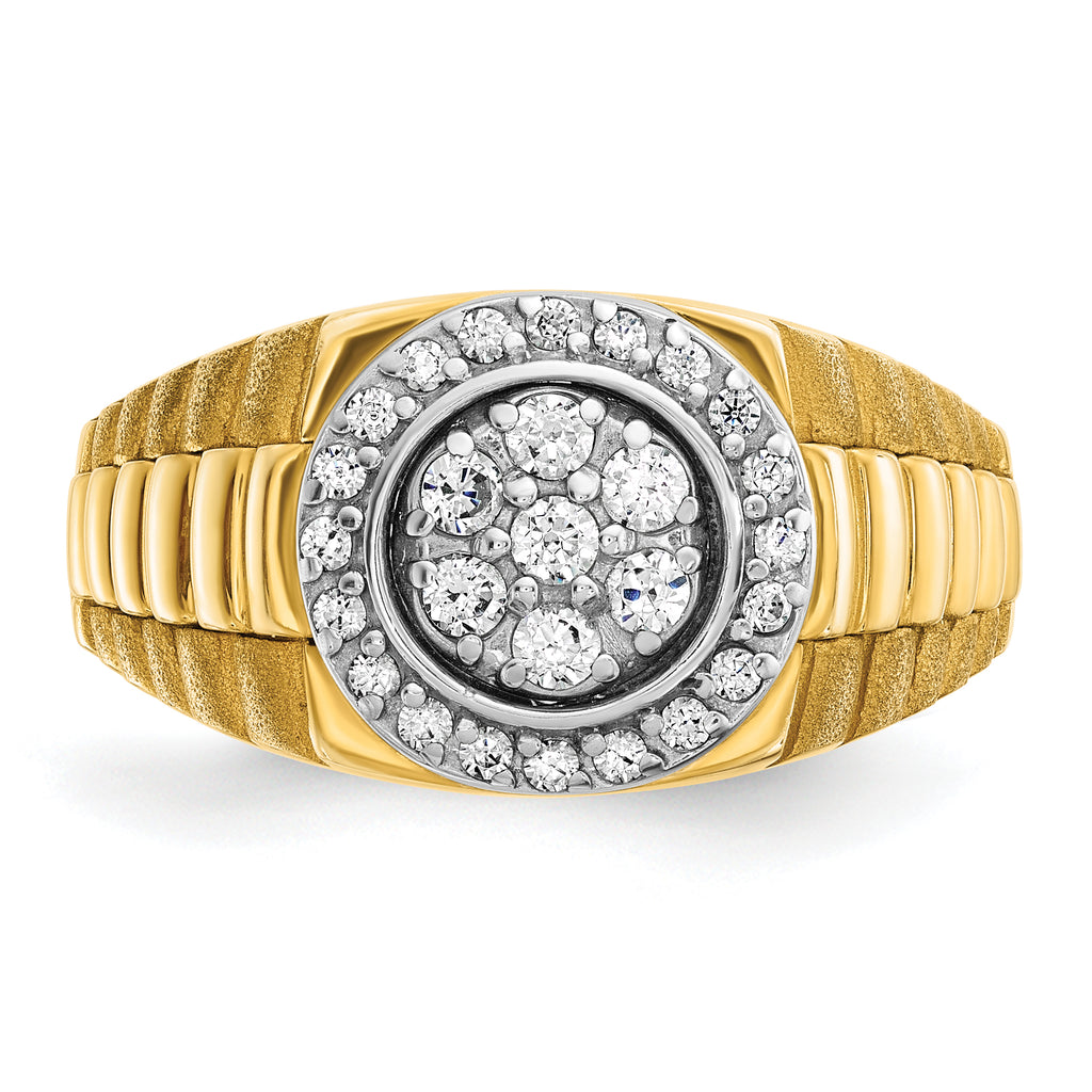 14k Two-tone Mens Polished Satin and Ribbed Round 1/2 Carat AA Diamond Cluster Halo Ring - Sophia Jewelers