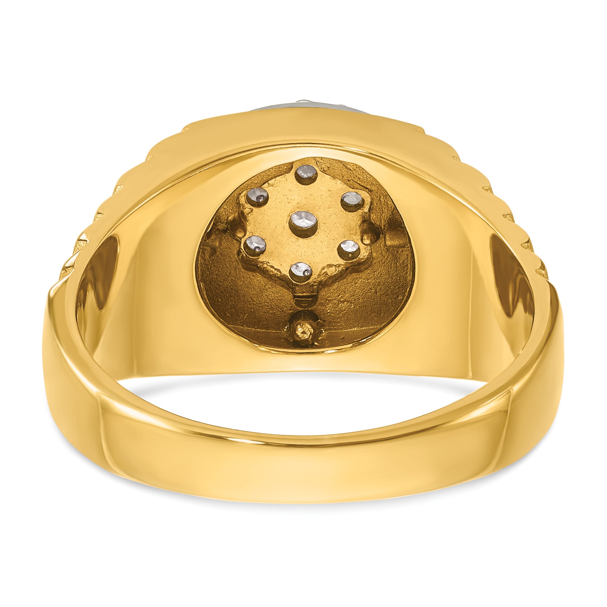 14k Two-tone Mens Polished Satin and Ribbed Round Cluster Halo Ring Mounting, Mounting Only - Sophia Jewelers