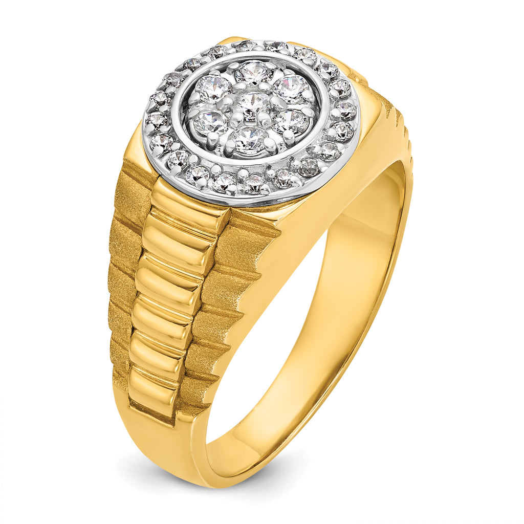 14k Two-tone Mens Polished Satin and Ribbed Round Cluster Halo Ring Mounting, Mounting Only - Sophia Jewelers