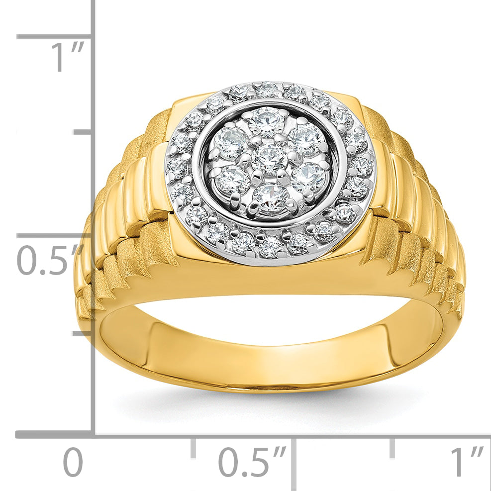 14k Two-tone Mens Polished Satin and Ribbed Round 1/2 Carat AA Diamond Cluster Halo Ring - Sophia Jewelers