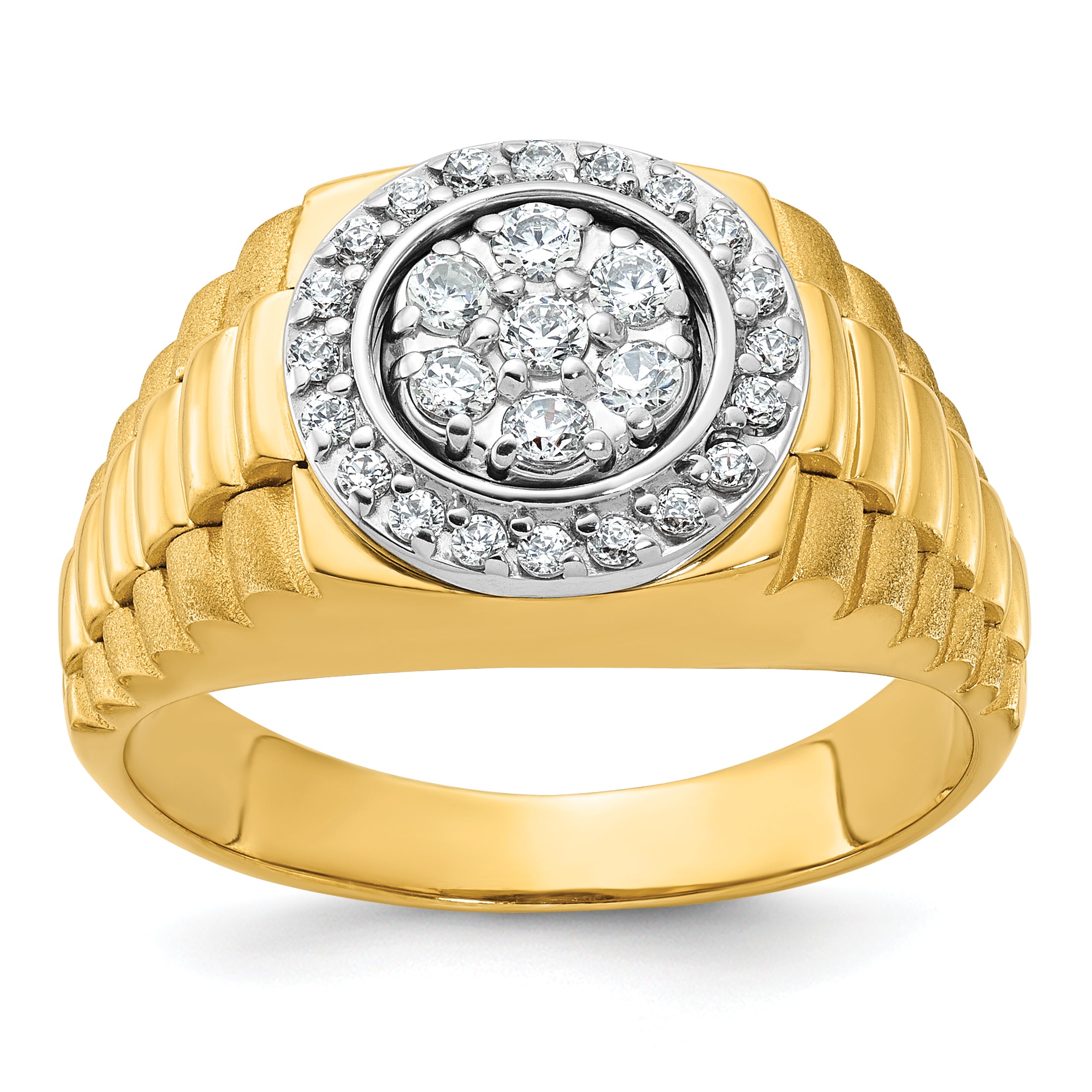 14k Two-tone Men's Polished Satin and Ribbed Round 1/2 Carat Lab Grown Diamond Cluster Ring - Sophia Jewelers