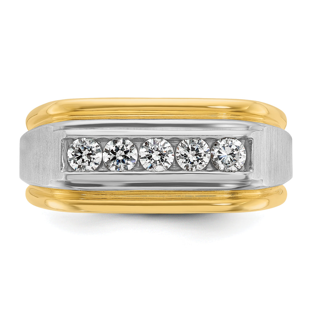 10k Two-tone Men's Polished Satin and Grooved 5-Stone 1/2 Carat A Quality Diamond Ring