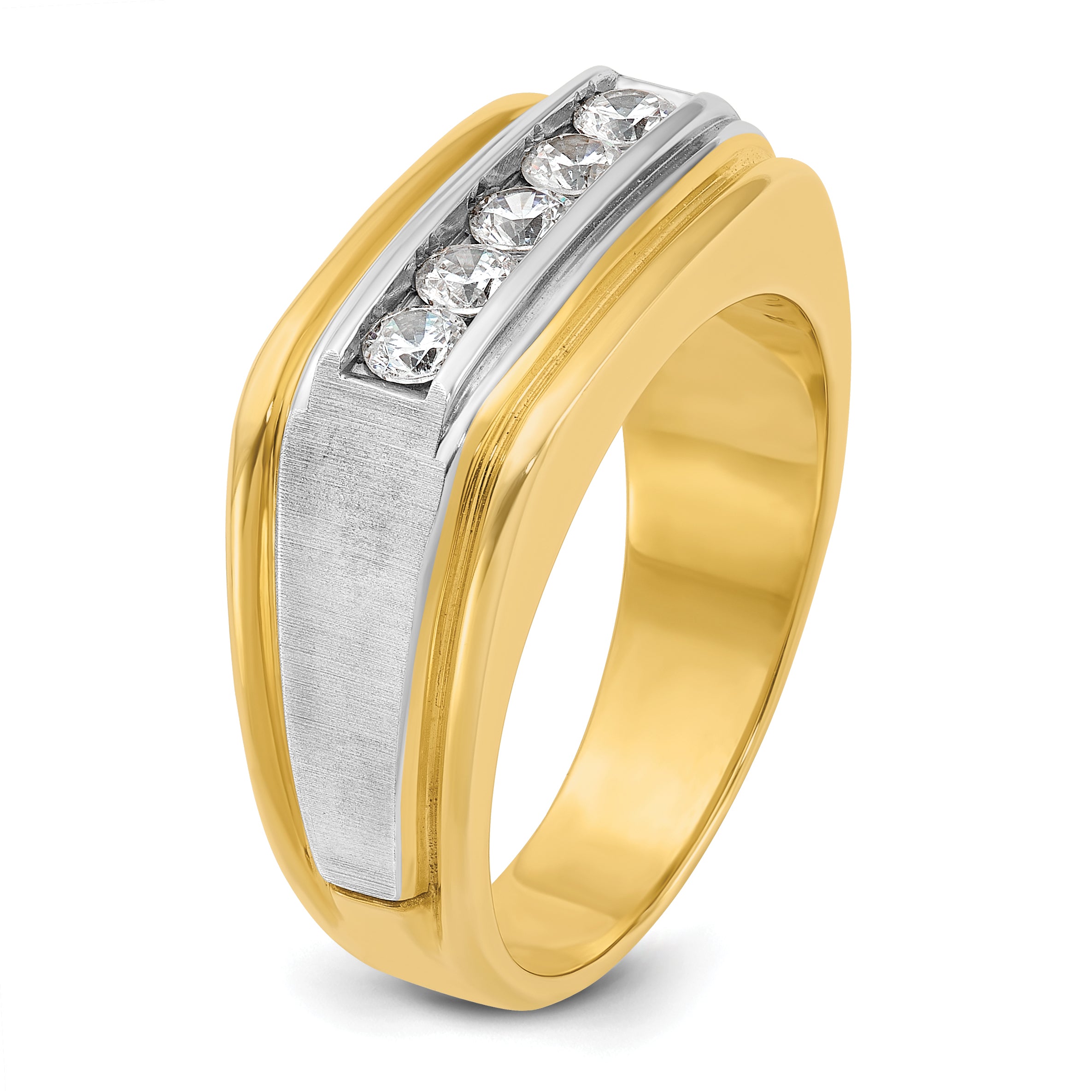 10k Two-tone Men's Polished Satin and Grooved 5-Stone 1/2 Carat A Quality Diamond Ring