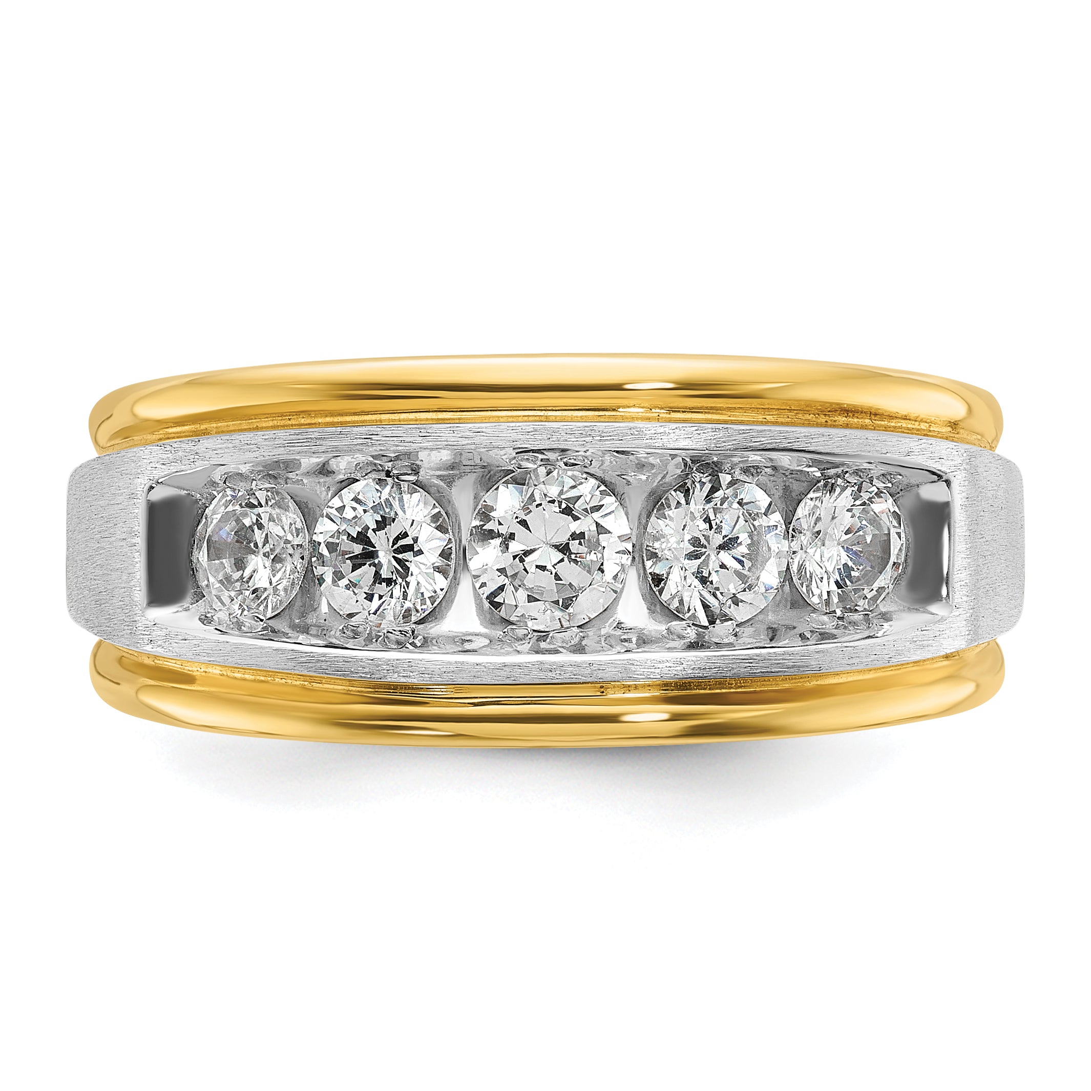 14k Two-tone Men's Polished Satin and Grooved 5-Stone 1 Carat AA Quality Diamond Ring - Sophia Jewelers