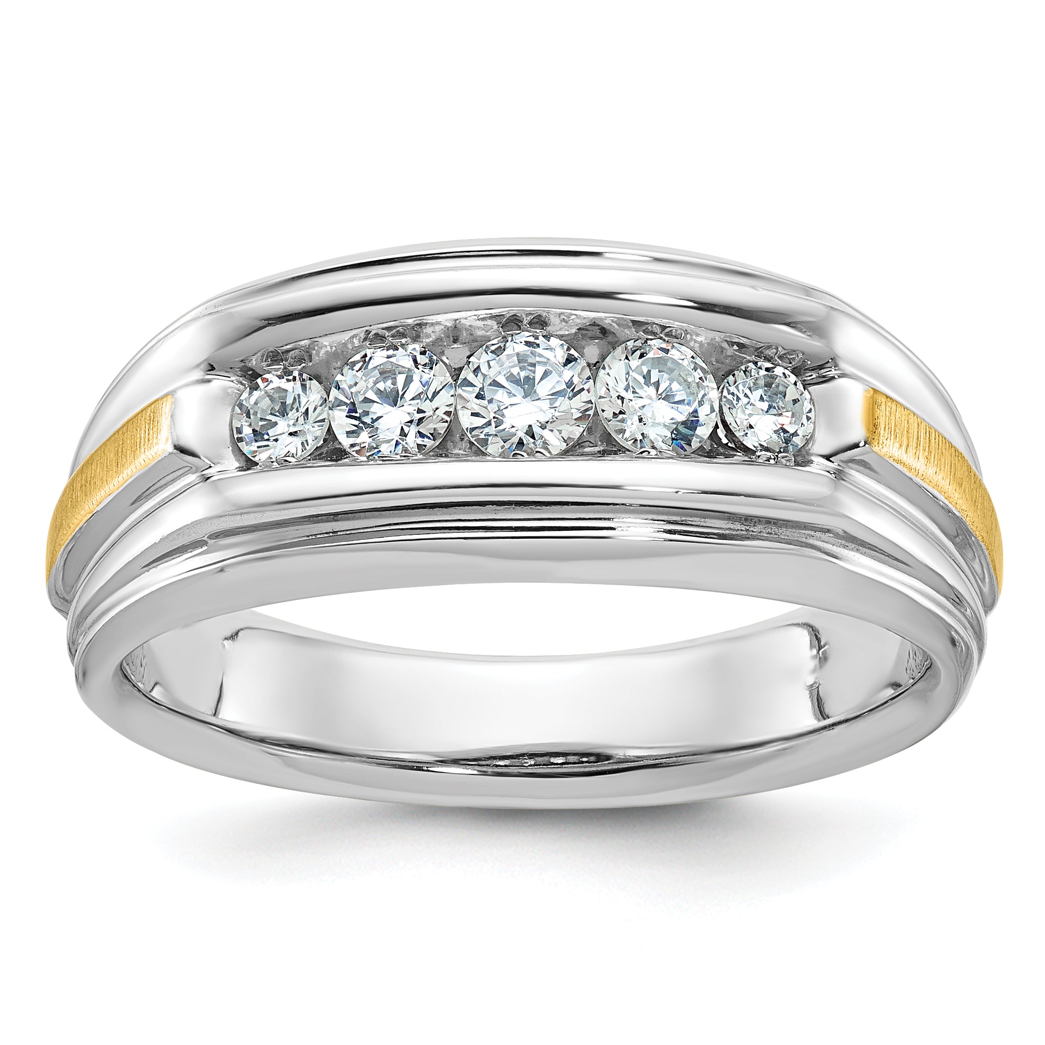 14k Two-tone Men's Polished Satin and Grooved 5-Stone Ring Mounting - Sophia Jewelers Main image