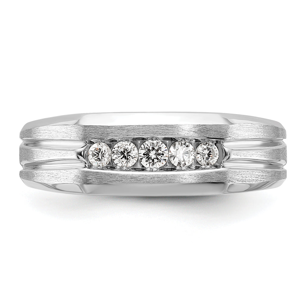 14k White Gold Polished Satin and Grooved Five Stone Men's Ring Mounting, Mounting Only - Sophia Jewelers