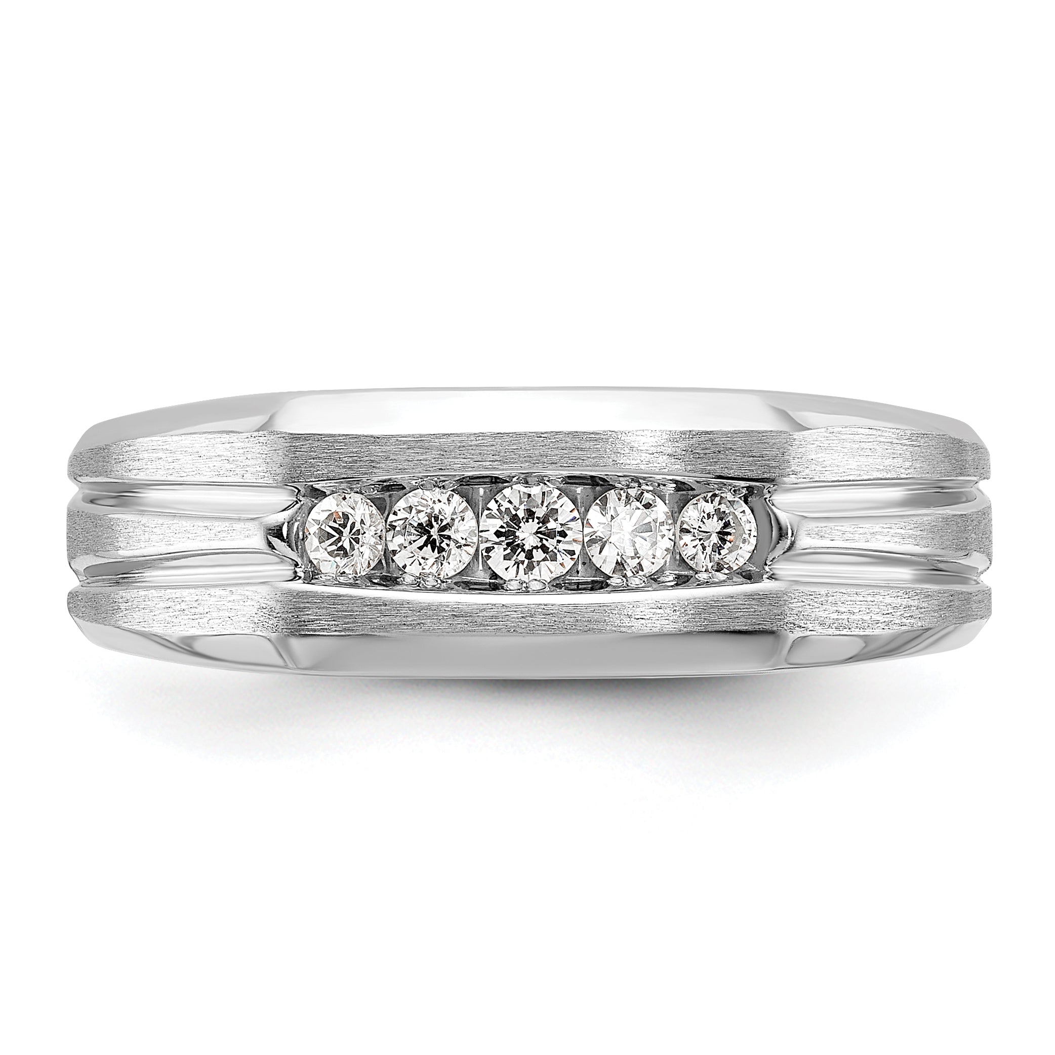 14k White Gold Polished Satin and Grooved Five Stone Men's Ring Mounting, Mounting Only - Sophia Jewelers