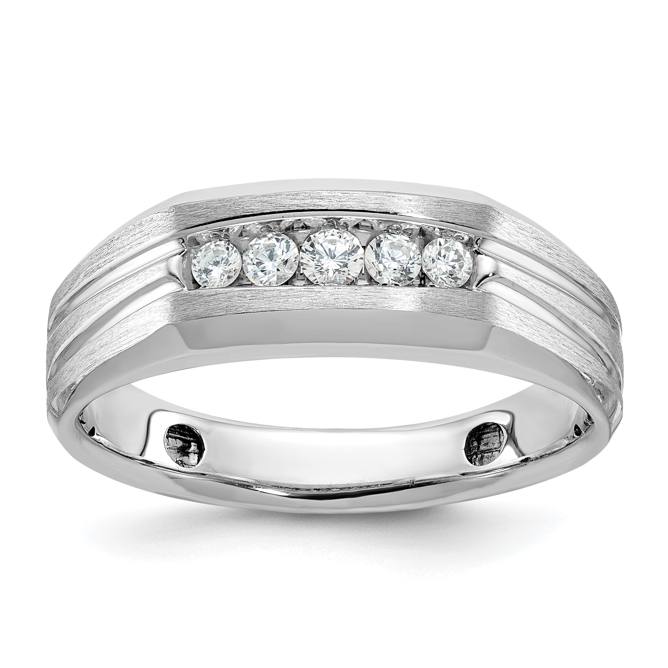 10k White Gold Polished Satin and Grooved Five Stone Men's Ring Mounting, Mounting Only - Sophia Jewelers