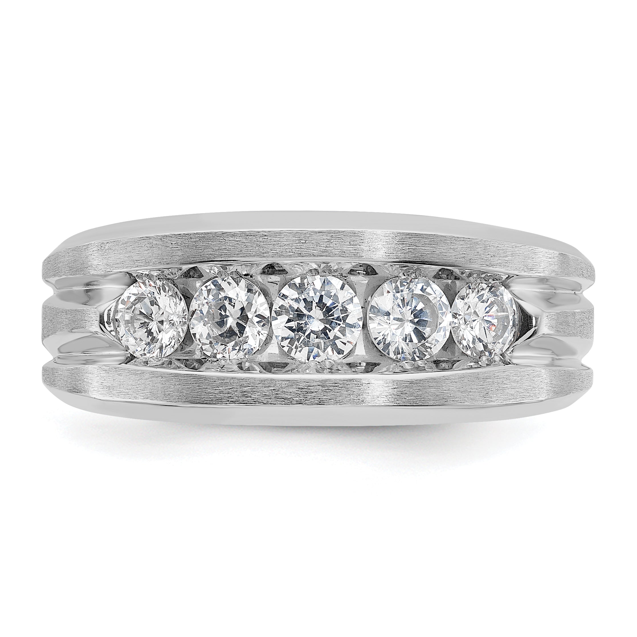 10k White Gold Men's Polished Satin and Grooved 5-Stone 1 Carat A Quality Diamond Ring